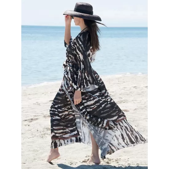 Long Sleeves Floral Printed Chiffon Cardigan Cover-Up Swimwear Long Sleeves Floral Printed Chiffon Cardigan Cover-Up Swimwear