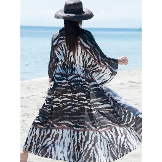 Long Sleeves Floral Printed Chiffon Cardigan Cover-Up Swimwear Long Sleeves Floral Printed Chiffon Cardigan Cover-Up Swimwear