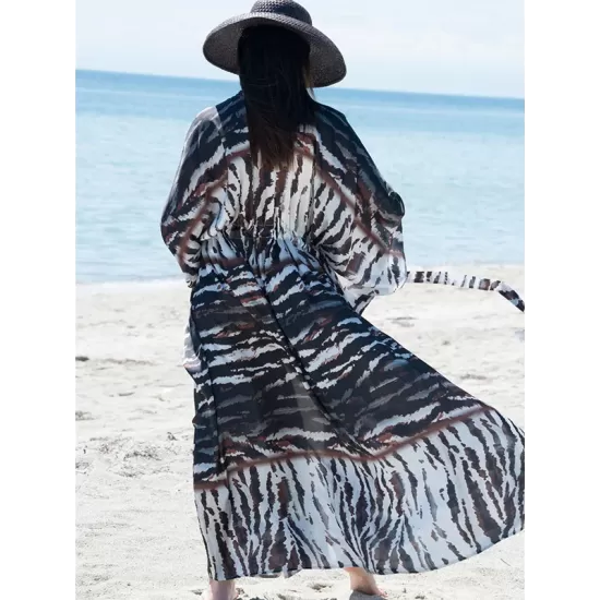 Long Sleeves Floral Printed Chiffon Cardigan Cover-Up Swimwear Long Sleeves Floral Printed Chiffon Cardigan Cover-Up Swimwear