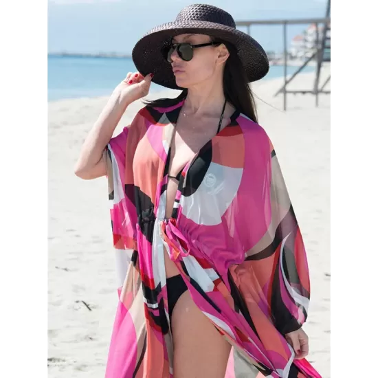 Long Sleeves Floral Printed Chiffon Cardigan Cover-Up Swimwear Long Sleeves Floral Printed Chiffon Cardigan Cover-Up Swimwear