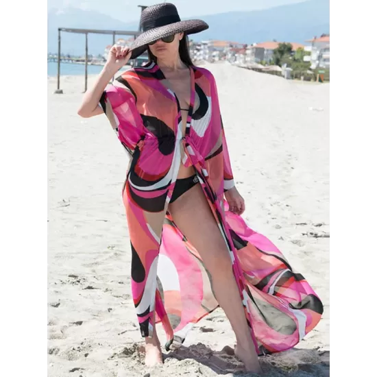 Long Sleeves Floral Printed Chiffon Cardigan Cover-Up Swimwear Long Sleeves Floral Printed Chiffon Cardigan Cover-Up Swimwear