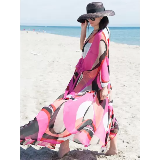 Long Sleeves Floral Printed Chiffon Cardigan Cover-Up Swimwear Long Sleeves Floral Printed Chiffon Cardigan Cover-Up Swimwear