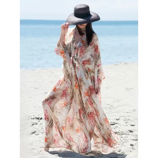 Long Sleeves Floral Printed Chiffon Cardigan Cover-Up Swimwear Long Sleeves Floral Printed Chiffon Cardigan Cover-Up Swimwear
