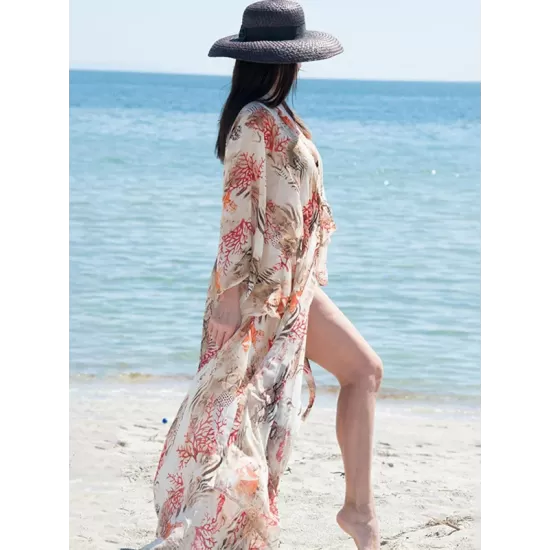 Long Sleeves Floral Printed Chiffon Cardigan Cover-Up Swimwear Long Sleeves Floral Printed Chiffon Cardigan Cover-Up Swimwear