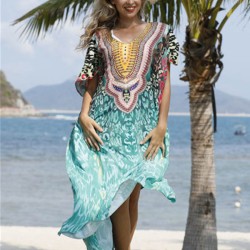Half Sleeve V-Neck Floral Printed Split-Side Cover-Up Swimwear