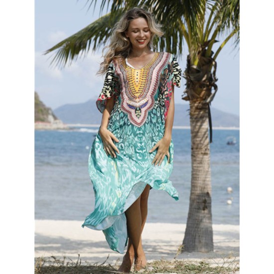 Half Sleeve V-Neck Floral Printed Split-Side Cover-Up Swimwear Half Sleeve V-Neck Floral Printed Split-Side Cover-Up Swimwear
