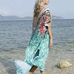 Half Sleeve V-Neck Floral Printed Split-Side Cover-Up Swimwear