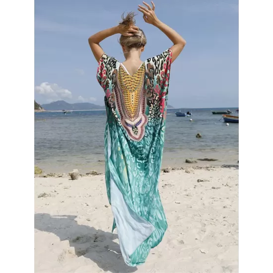 Half Sleeve V-Neck Floral Printed Split-Side Cover-Up Swimwear Half Sleeve V-Neck Floral Printed Split-Side Cover-Up Swimwear