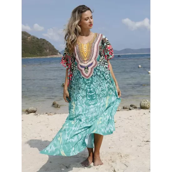 Half Sleeve V-Neck Floral Printed Split-Side Cover-Up Swimwear Half Sleeve V-Neck Floral Printed Split-Side Cover-Up Swimwear