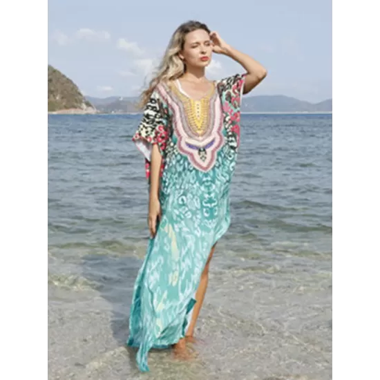 Half Sleeve V-Neck Floral Printed Split-Side Cover-Up Swimwear Half Sleeve V-Neck Floral Printed Split-Side Cover-Up Swimwear