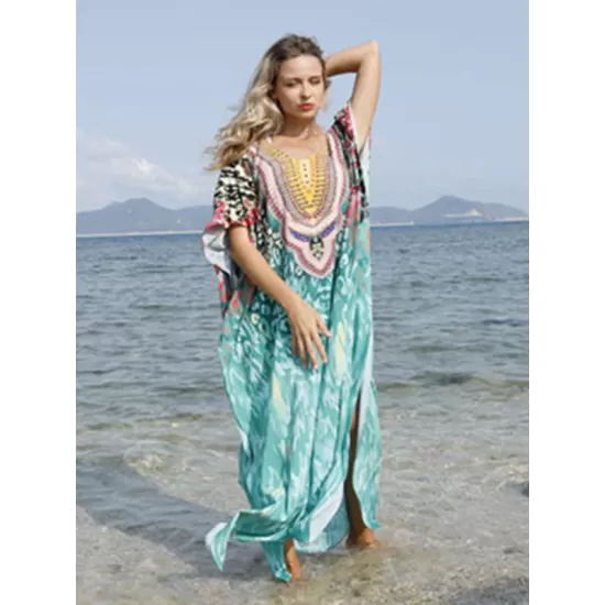 Half Sleeve V-Neck Floral Printed Split-Side Cover-Up Swimwear Half Sleeve V-Neck Floral Printed Split-Side Cover-Up Swimwear