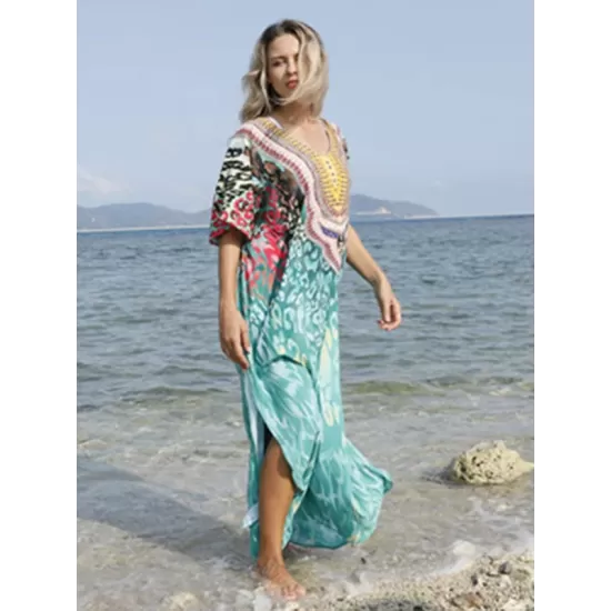 Half Sleeve V-Neck Floral Printed Split-Side Cover-Up Swimwear Half Sleeve V-Neck Floral Printed Split-Side Cover-Up Swimwear