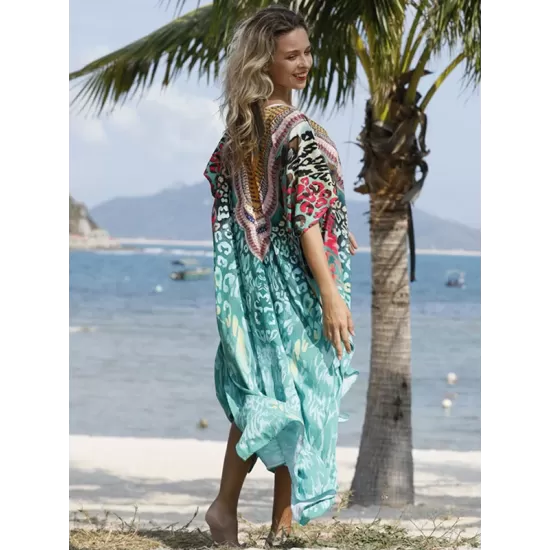 Half Sleeve V-Neck Floral Printed Split-Side Cover-Up Swimwear Half Sleeve V-Neck Floral Printed Split-Side Cover-Up Swimwear