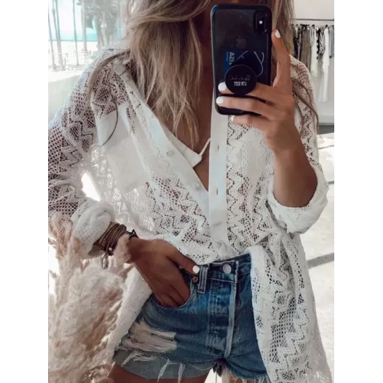 See-Through Lace Split-Joint Long Sleeved Shirt Cover-Ups Tops See-Through Lace Split-Joint Long Sleeved Shirt Cover-Ups Tops