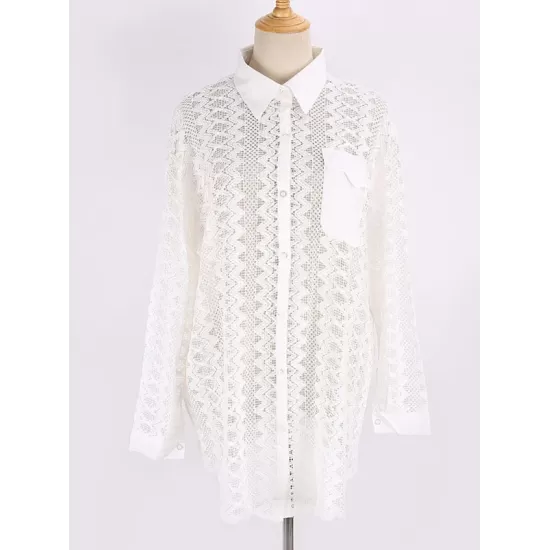 See-Through Lace Split-Joint Long Sleeved Shirt Cover-Ups Tops See-Through Lace Split-Joint Long Sleeved Shirt Cover-Ups Tops