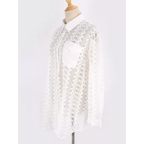 See-Through Lace Split-Joint Long Sleeved Shirt Cover-Ups Tops See-Through Lace Split-Joint Long Sleeved Shirt Cover-Ups Tops