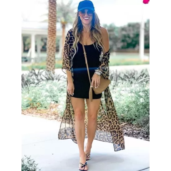 Chiffon Long Sleeve Leopard Long Sleeve Cardigan Cover-Up Swimwear Chiffon Long Sleeve Leopard Long Sleeve Cardigan Cover-Up Swimwear
