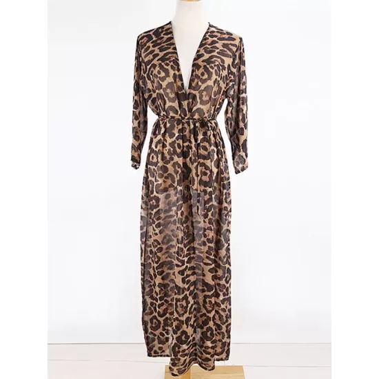 Chiffon Long Sleeve Leopard Long Sleeve Cardigan Cover-Up Swimwear Chiffon Long Sleeve Leopard Long Sleeve Cardigan Cover-Up Swimwear