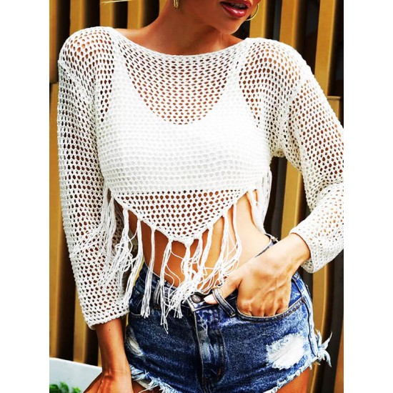 Long-Sleeves Plaited Tasseled Cover-Up Top Long-Sleeves Plaited Tasseled Cover-Up Top