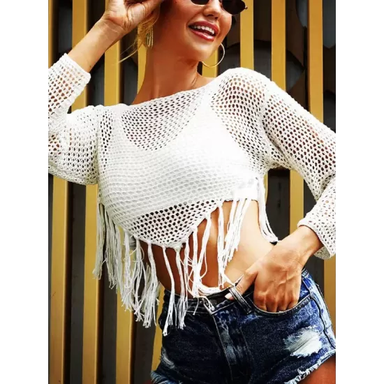 Long-Sleeves Plaited Tasseled Cover-Up Top Long-Sleeves Plaited Tasseled Cover-Up Top