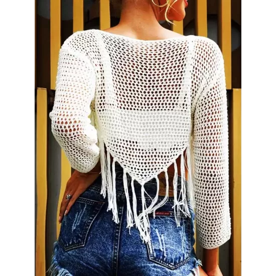 Long-Sleeves Plaited Tasseled Cover-Up Top Long-Sleeves Plaited Tasseled Cover-Up Top