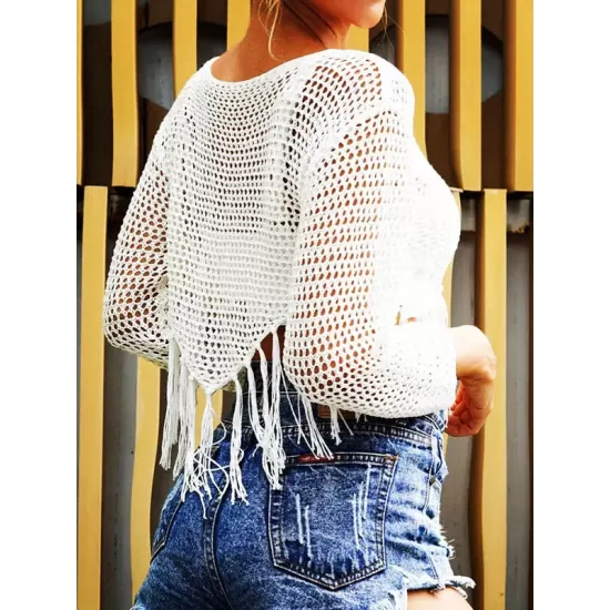 Long-Sleeves Plaited Tasseled Cover-Up Top Long-Sleeves Plaited Tasseled Cover-Up Top