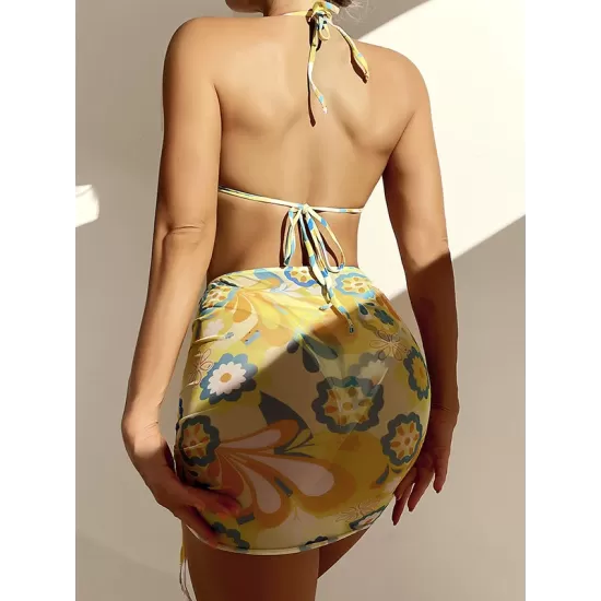 Floral-Print Triangles Bikini Swimsuit+Smocked Cover-Up Three-Piece Set Floral-Print Triangles Bikini Swimsuit+Smocked Cover-Up Three-Piece Set