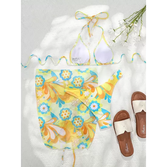 Floral-Print Triangles Bikini Swimsuit+Smocked Cover-Up Three-Piece Set Floral-Print Triangles Bikini Swimsuit+Smocked Cover-Up Three-Piece Set