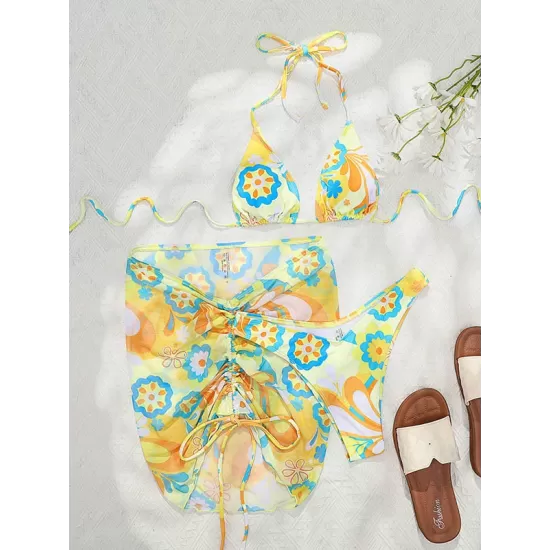 Floral-Print Triangles Bikini Swimsuit+Smocked Cover-Up Three-Piece Set Floral-Print Triangles Bikini Swimsuit+Smocked Cover-Up Three-Piece Set