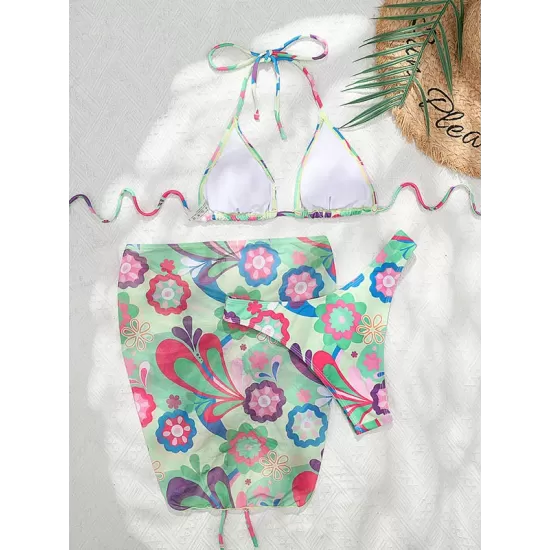 Floral-Print Triangles Bikini Swimsuit+Smocked Cover-Up Three-Piece Set Floral-Print Triangles Bikini Swimsuit+Smocked Cover-Up Three-Piece Set
