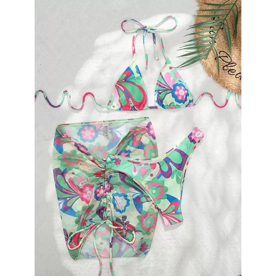 Floral-Print Triangles Bikini Swimsuit+Smocked Cover-Up Three-Piece Set Floral-Print Triangles Bikini Swimsuit+Smocked Cover-Up Three-Piece Set