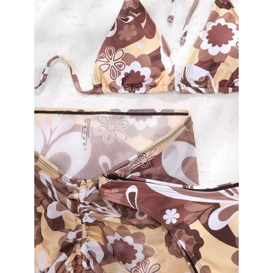 Floral-Print Triangles Bikini Swimsuit+Smocked Cover-Up Three-Piece Set Floral-Print Triangles Bikini Swimsuit+Smocked Cover-Up Three-Piece Set
