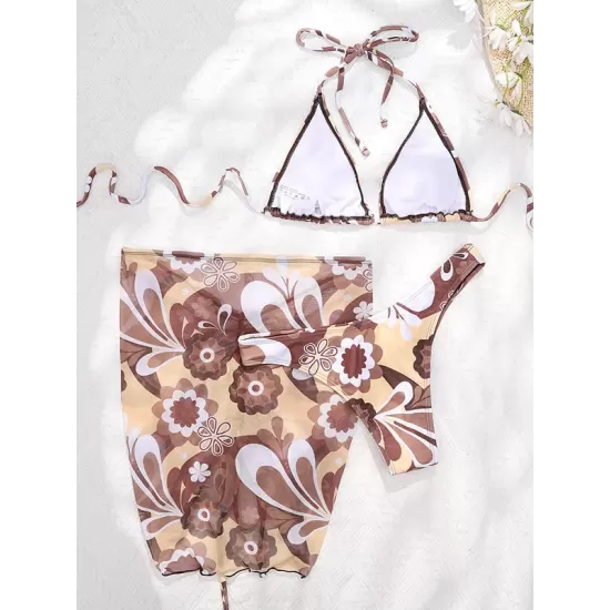 Floral-Print Triangles Bikini Swimsuit+Smocked Cover-Up Three-Piece Set Floral-Print Triangles Bikini Swimsuit+Smocked Cover-Up Three-Piece Set