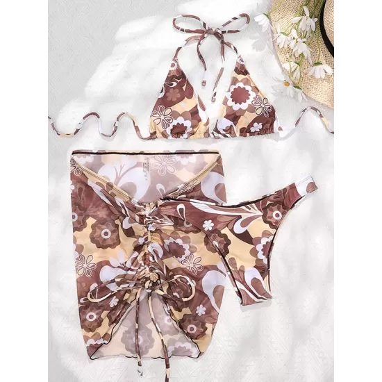 Floral-Print Triangles Bikini Swimsuit+Smocked Cover-Up Three-Piece Set Floral-Print Triangles Bikini Swimsuit+Smocked Cover-Up Three-Piece Set