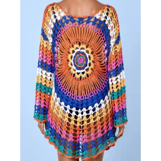 Crochet See-Through Long-Sleeves Cover-Ups Crochet See-Through Long-Sleeves Cover-Ups