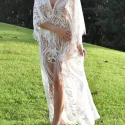 Sexy V-Neck Lace Half Sleeve Midi Dress Cover-Up Swimwear
