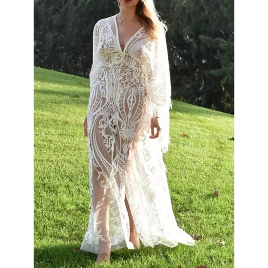 Sexy V-Neck Lace Half Sleeve Midi Dress Cover-Up Swimwear Sexy V-Neck Lace Half Sleeve Midi Dress Cover-Up Swimwear