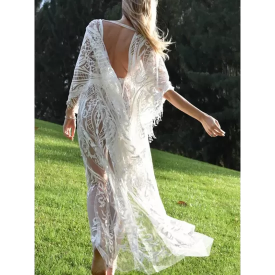 Sexy V-Neck Lace Half Sleeve Midi Dress Cover-Up Swimwear Sexy V-Neck Lace Half Sleeve Midi Dress Cover-Up Swimwear