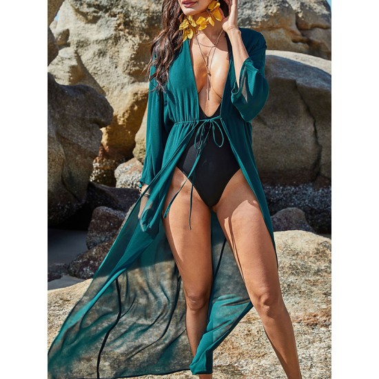 Chiffon Tunicshang Solid Color Long Sleeve Cover-Ups Tops Chiffon Tunicshang Solid Color Long Sleeve Cover-Ups Tops