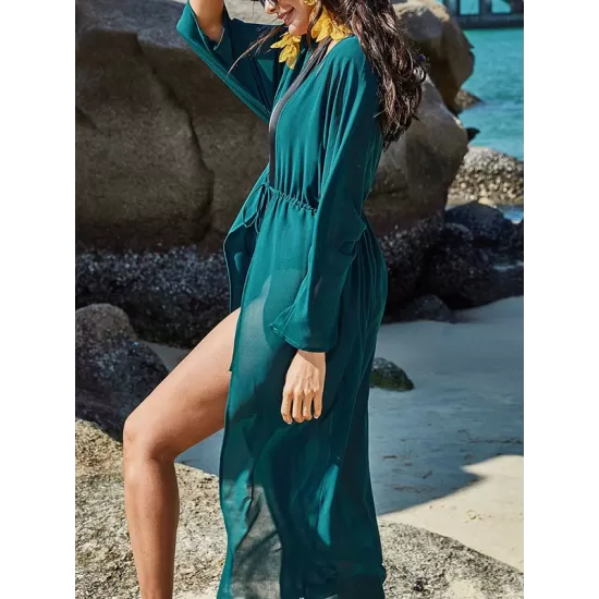 Chiffon Tunicshang Solid Color Long Sleeve Cover-Ups Tops Chiffon Tunicshang Solid Color Long Sleeve Cover-Ups Tops