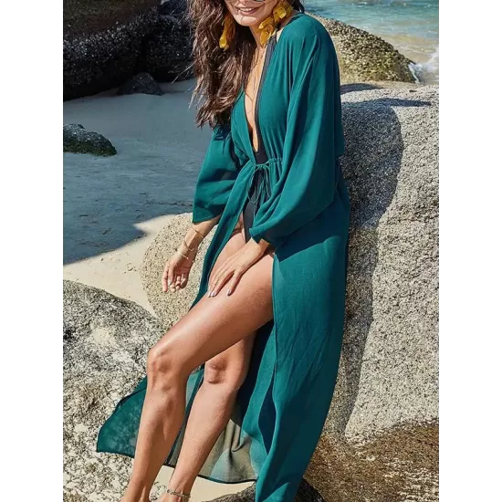 Chiffon Tunicshang Solid Color Long Sleeve Cover-Ups Tops Chiffon Tunicshang Solid Color Long Sleeve Cover-Ups Tops