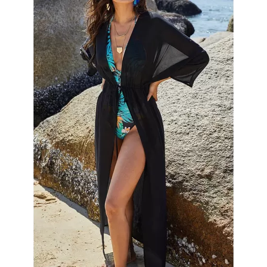 Chiffon Tunicshang Solid Color Long Sleeve Cover-Ups Tops Chiffon Tunicshang Solid Color Long Sleeve Cover-Ups Tops