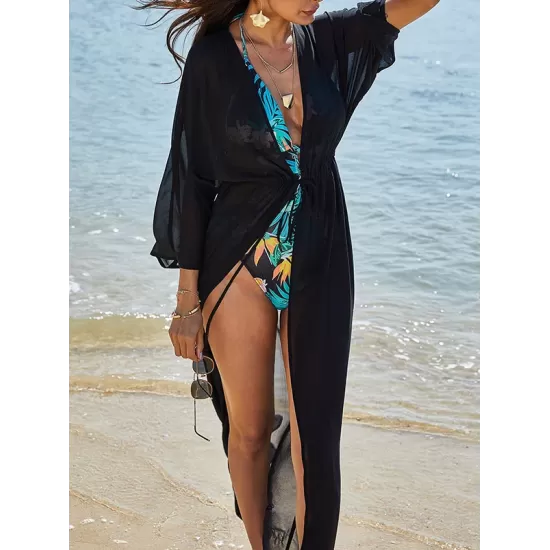 Chiffon Tunicshang Solid Color Long Sleeve Cover-Ups Tops Chiffon Tunicshang Solid Color Long Sleeve Cover-Ups Tops