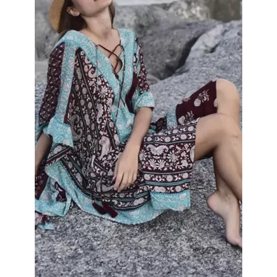 Ethnic Printed Flared Sleeves Cover-Ups Tops Ethnic Printed Flared Sleeves Cover-Ups Tops