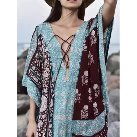 Ethnic Printed Flared Sleeves Cover-Ups Tops Ethnic Printed Flared Sleeves Cover-Ups Tops
