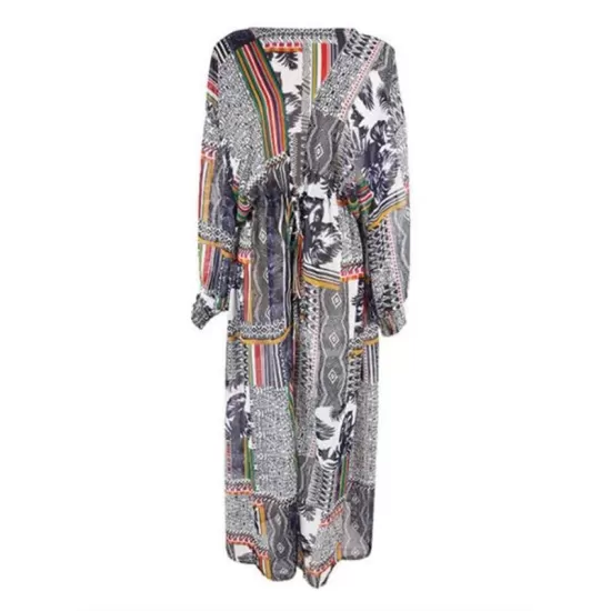Floral-Print Split-Joint Belted Long Sleeve Tunicshang Cover-Ups Floral-Print Split-Joint Belted Long Sleeve Tunicshang Cover-Ups