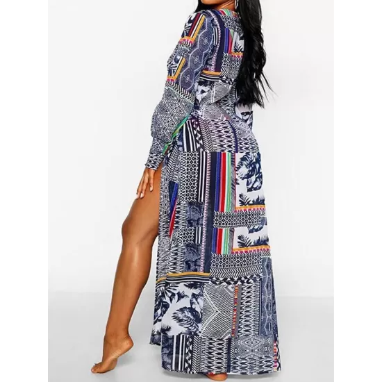 Floral-Print Split-Joint Belted Long Sleeve Tunicshang Cover-Ups Floral-Print Split-Joint Belted Long Sleeve Tunicshang Cover-Ups