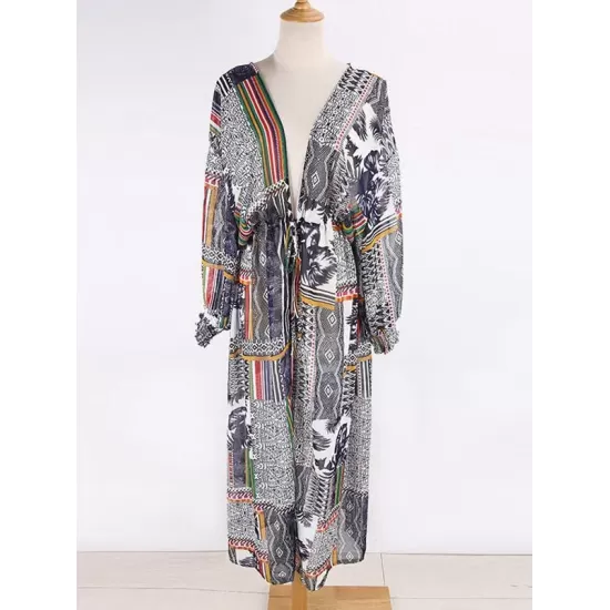 Floral-Print Split-Joint Belted Long Sleeve Tunicshang Cover-Ups Floral-Print Split-Joint Belted Long Sleeve Tunicshang Cover-Ups