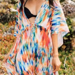 Colorful Gradient Bat Sleeves Belted Cover-Ups Tops