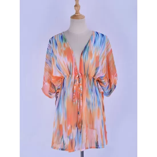 Colorful Gradient Bat Sleeves Belted Cover-Ups Tops Colorful Gradient Bat Sleeves Belted Cover-Ups Tops